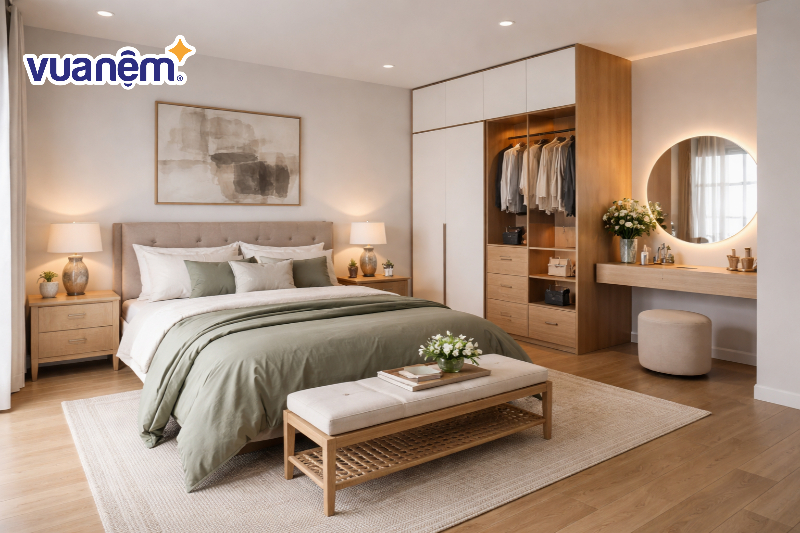 Phòng ngủ master 20m2 có khu vực tủ thay quần áo