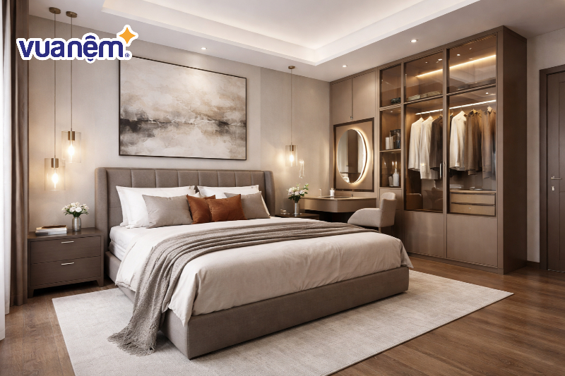 Phòng ngủ master 20m2 có khu vực tủ thay quần áo