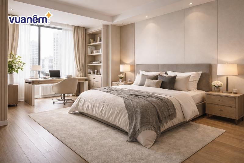 Phòng ngủ master 25m2 tích hợp góc làm việc cạnh cửa sổ