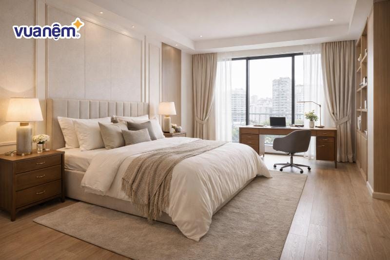Phòng ngủ master 25m2 tích hợp góc làm việc cạnh cửa sổ