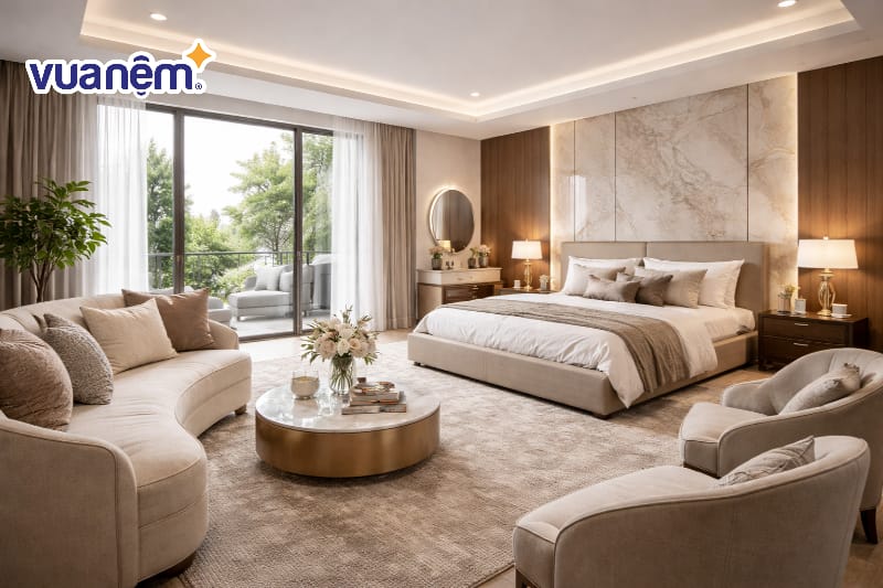 Mẫu phòng ngủ master 30m2 có khu vực tiếp khách