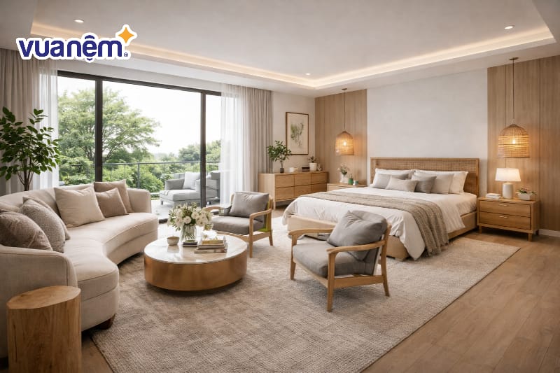 Mẫu phòng ngủ master 30m2 có khu vực tiếp khách