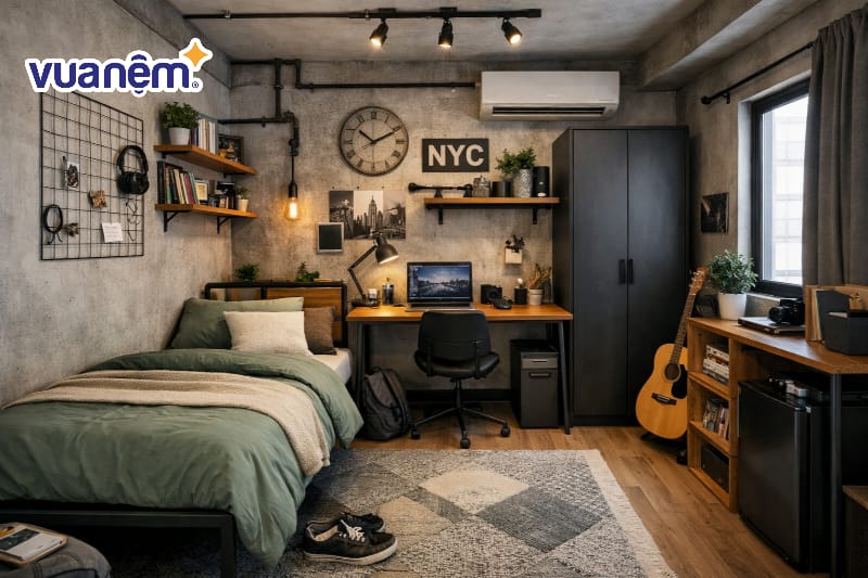 Decor phòng ngủ 12m2 theo kiểu Industrial