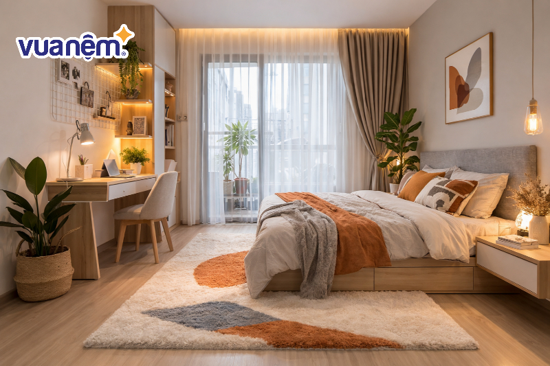 Tạo điểm nhấn với thảm trải sàn và rèm cửa voan