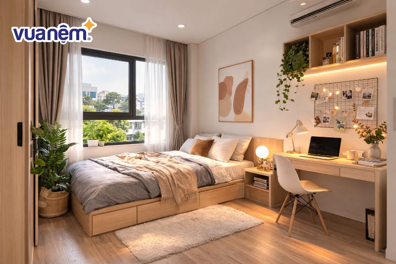 Bố trí giường ngủ cạnh cửa sổ để tận dụng ánh sáng