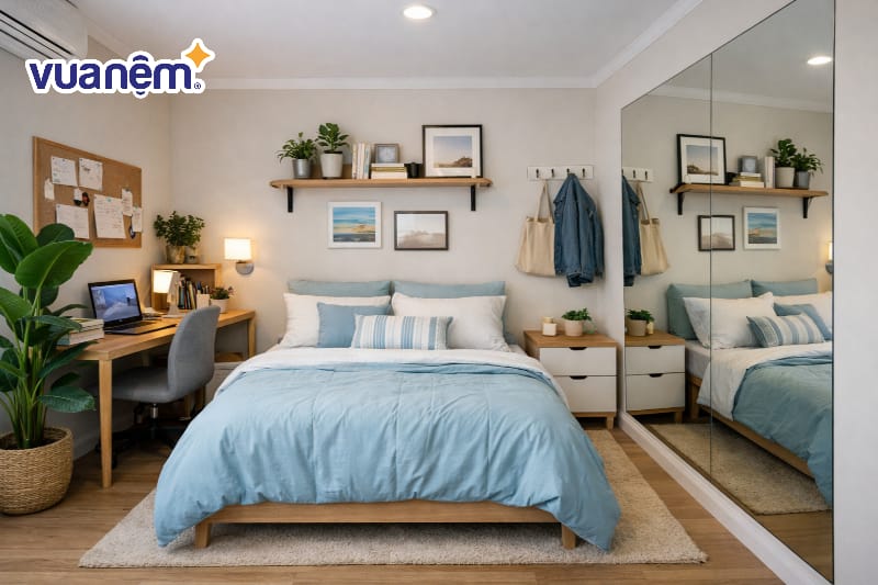 Bố trí gương đứng hoặc gương treo tường tạo hiệu ứng mở rộng