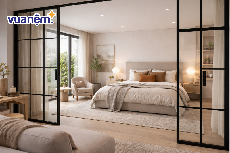 Decor phòng ngủ không gian mở với vách ngăn kính