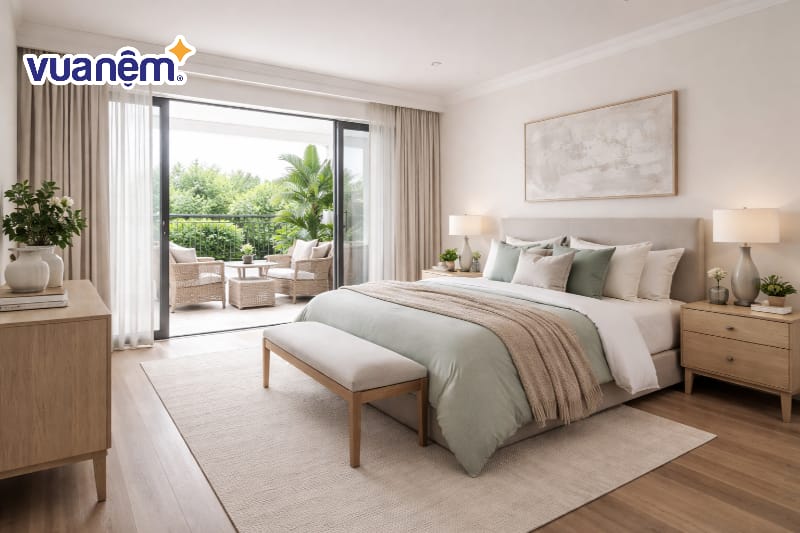 Decor phòng ngủ có ban công xanh mát và góc chill