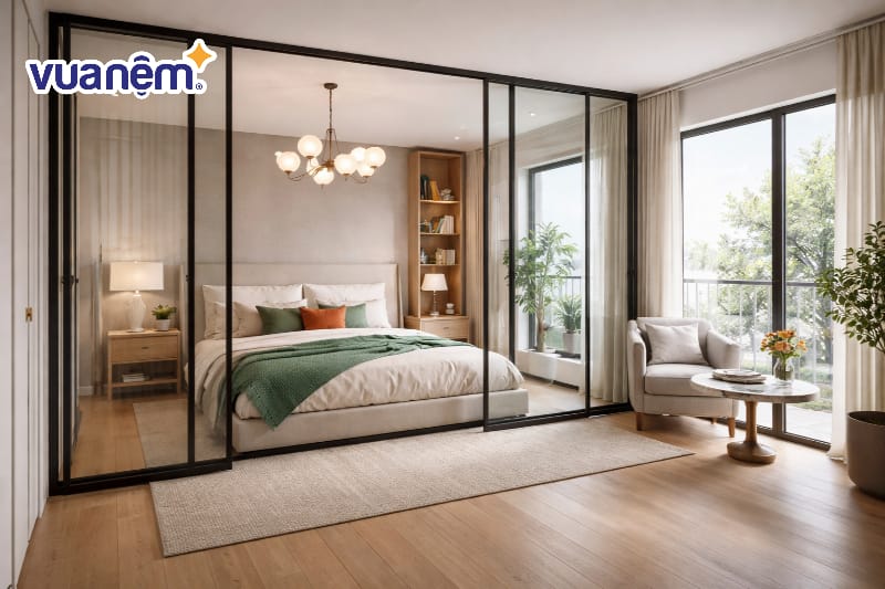 Decor phòng ngủ không gian mở với vách ngăn kính
