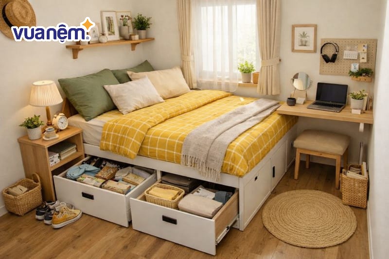 Tận dụng hộc lưu trữ dưới gầm giường cao
