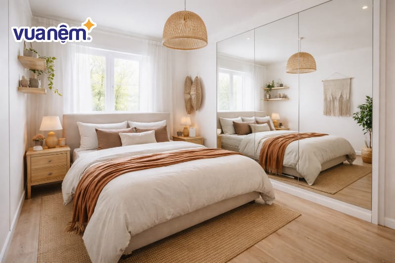 Thiết kế sử dụng gương lớn ốp tường để nhân đôi diện tích