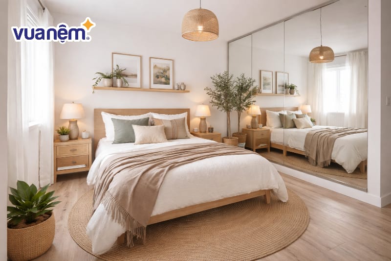 Thiết kế sử dụng gương lớn ốp tường để nhân đôi diện tích