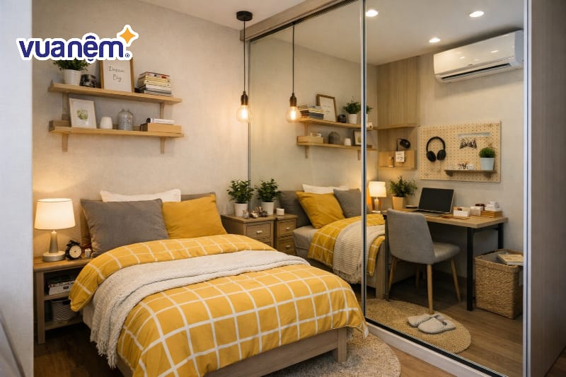 Sử dụng vách ngăn kính hoặc gương lớn đánh lừa thị giác