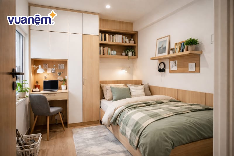 Decor phòng ngủ 6m2 với hệ tủ quần áo kịch trần