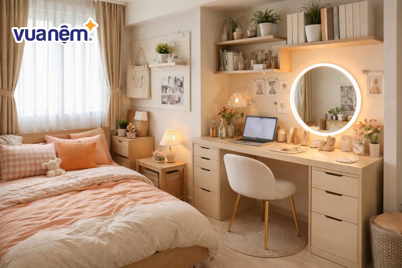 Mẫu decor sử dụng bàn làm việc kết hợp bàn trang điểm