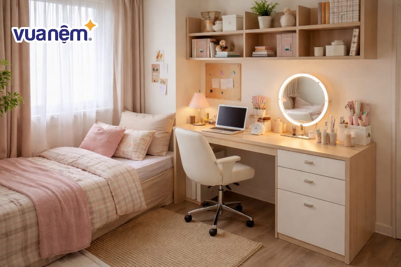 Mẫu decor sử dụng bàn làm việc kết hợp bàn trang điểm
