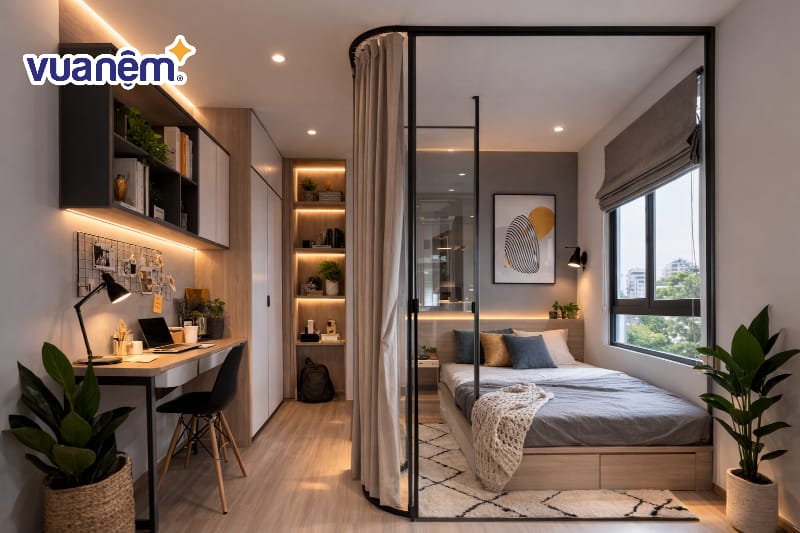 Thiết kế không gian mở với vách ngăn kính và rèm che