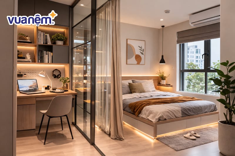 Thiết kế không gian mở với vách ngăn kính và rèm che