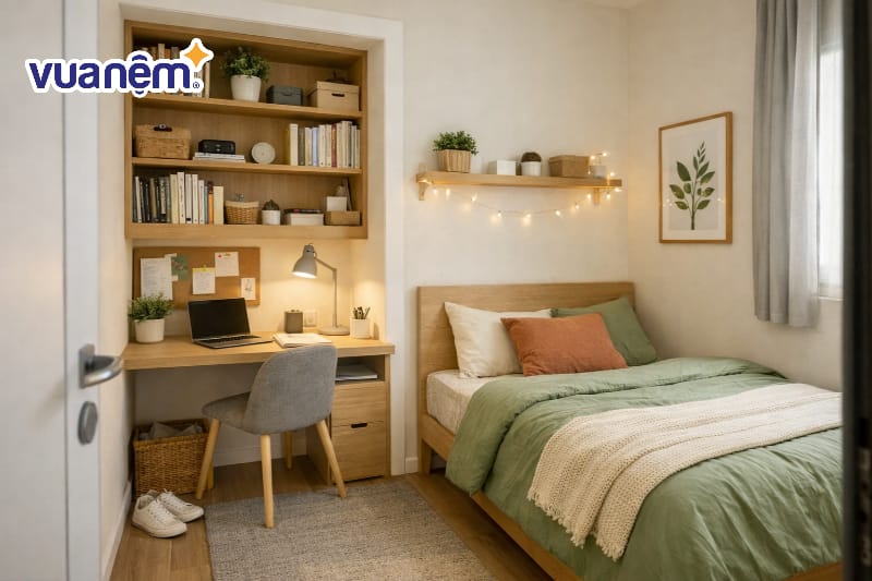 Tận dụng hộc tường làm kệ sách và bàn làm việc âm tường