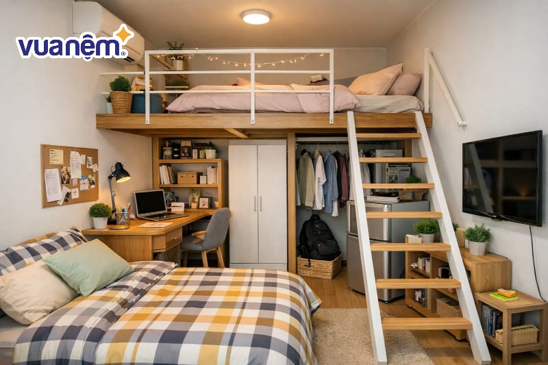 Decor phòng ngủ 8m2 có gác lửng thông minh