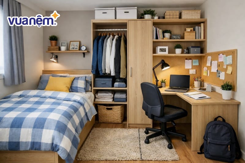 Tiết kiệm không gian với bàn làm việc liền kề tủ quần áo