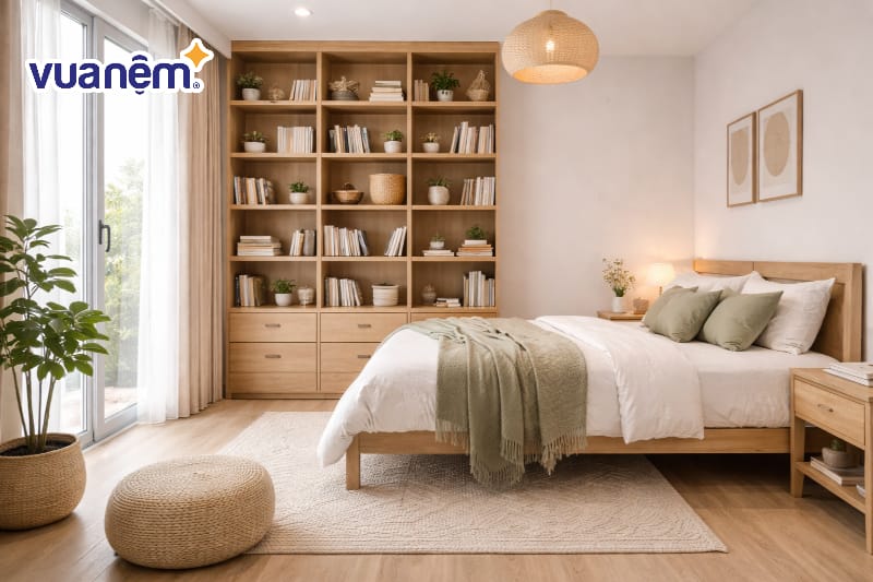 Mẫu phòng ngủ có kệ sách kịch trần thay thế tủ đồ