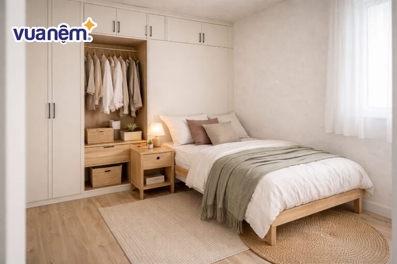 Thiết kế tích hợp tủ quần áo âm tường và giường đơn