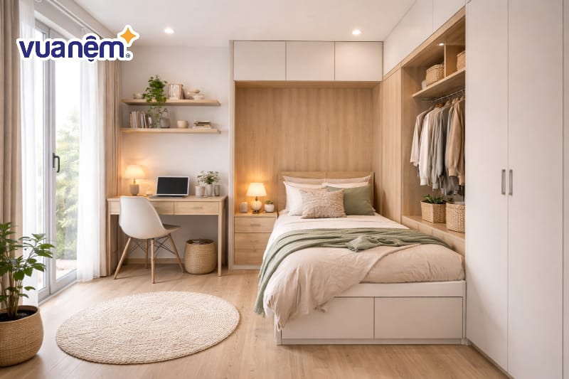 Thiết kế tích hợp tủ quần áo âm tường và giường đơn