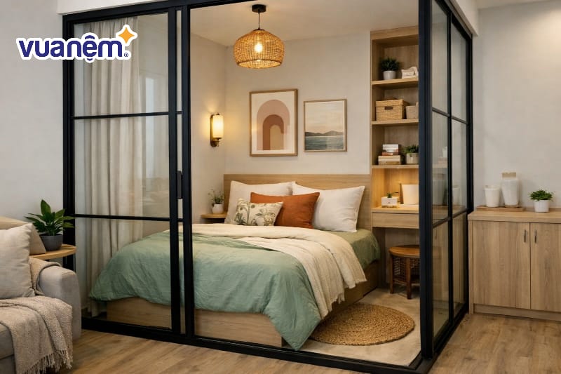 Mẫu phòng ngủ sử dụng vách ngăn kính