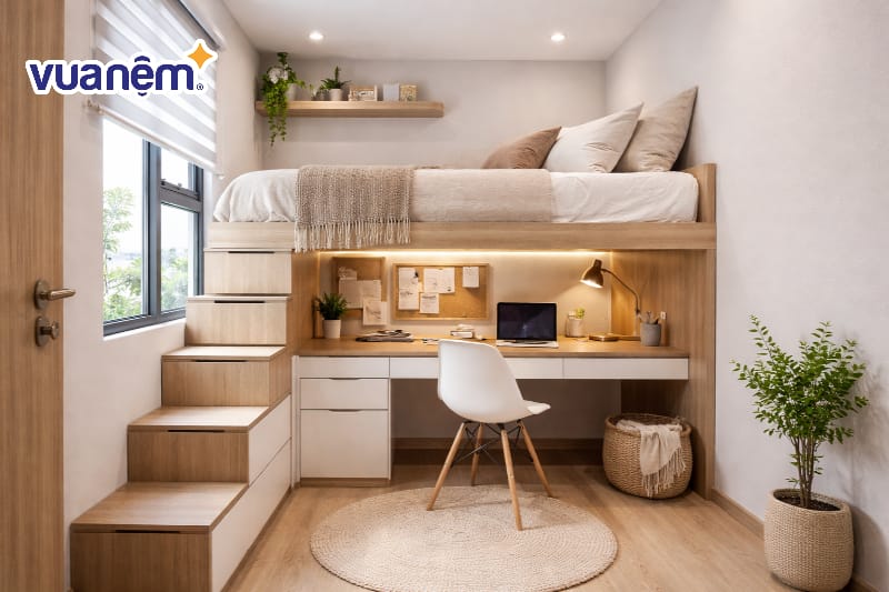 Mẫu giường tầng kết hợp bàn làm việc bên dưới