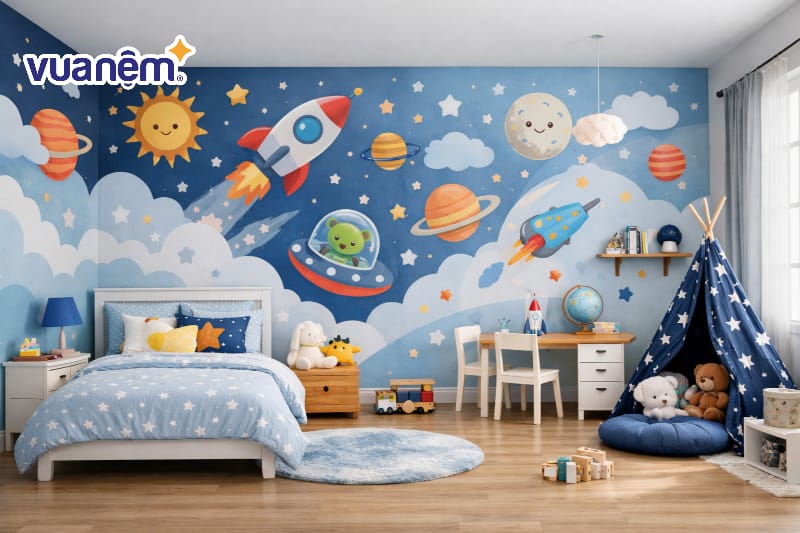 Trang trí tường bằng tranh vẽ tường hoặc decal theo chủ đề