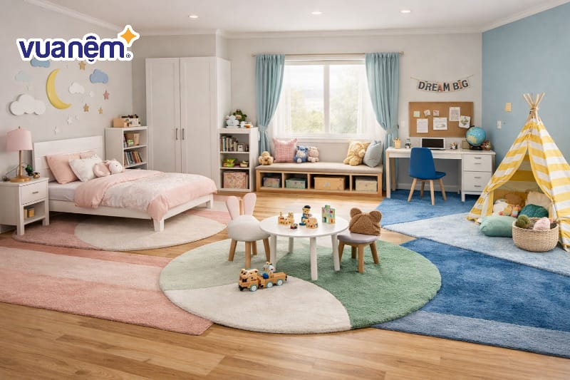 Sử dụng thảm trải sàn phối màu để phân chia không gian