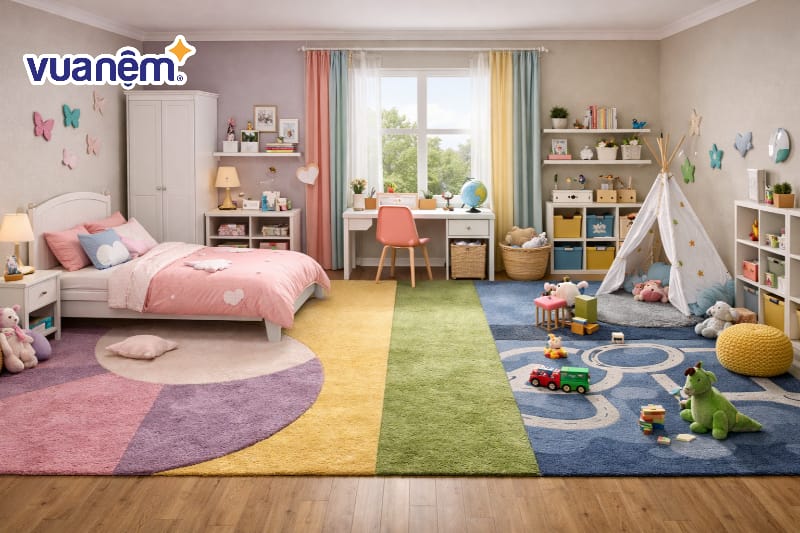 Sử dụng thảm trải sàn phối màu để phân chia không gian