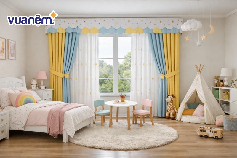 Trang trí cửa sổ với rèm phối màu và họa tiết nhẹ nhàng