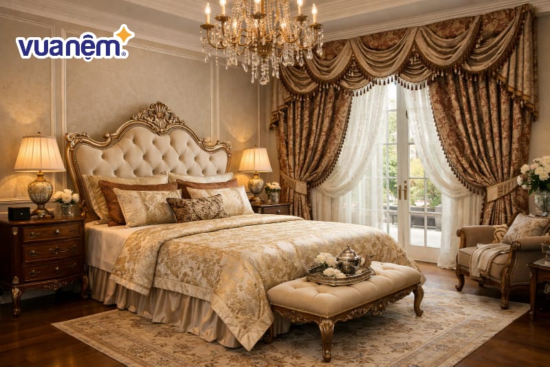  Rèm cửa gấm hai lớp dày dặn với họa tiết cổ điển