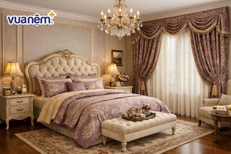  Rèm cửa gấm hai lớp dày dặn với họa tiết cổ điển