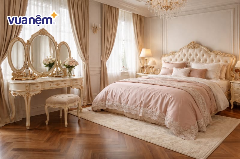 Bàn trang điểm kiểu Pháp với gương oval cổ điển