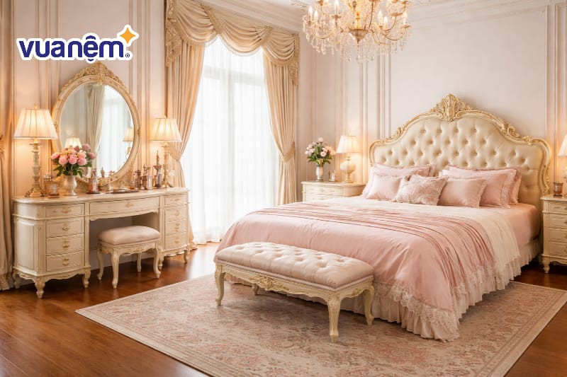 Bàn trang điểm kiểu Pháp với gương oval cổ điển