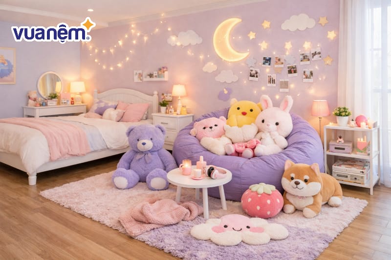 Setup góc "chill" với ghế lười, thú bông