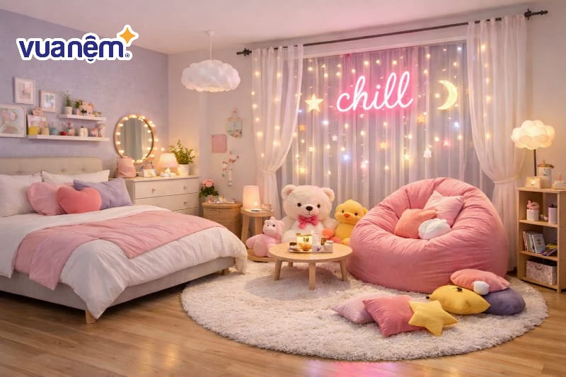Setup góc "chill" với ghế lười, thú bông
