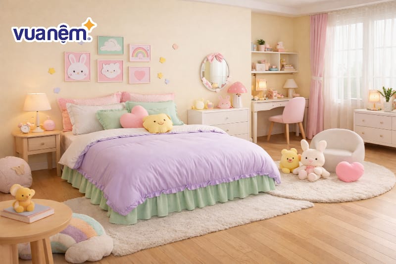 Phối chăn ga gối nệm tone màu pastel