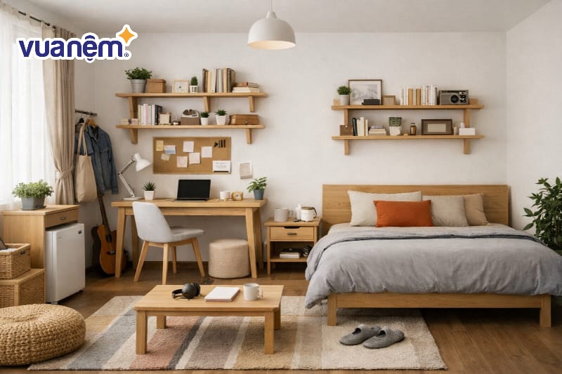 Sử dụng kệ gỗ treo tường tiết kiệm diện tích