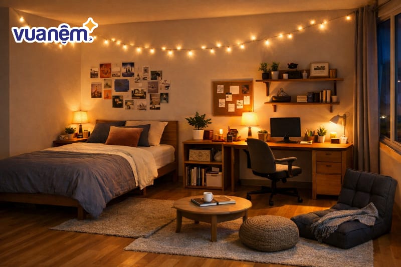 Trang trí bằng đèn dây hoặc đèn ngủ ánh sáng ấm