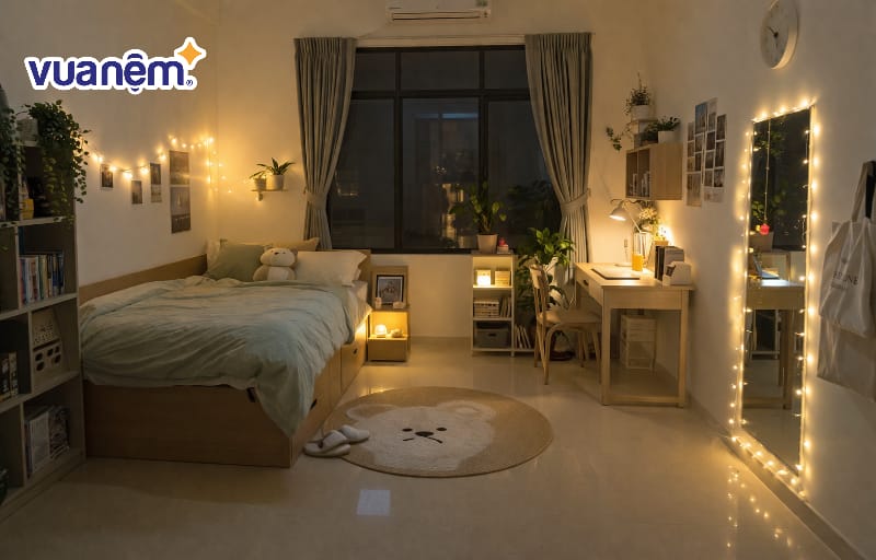 Trang trí bằng đèn dây hoặc đèn ngủ ánh sáng ấm