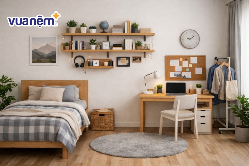 Sử dụng kệ gỗ treo tường tiết kiệm diện tích