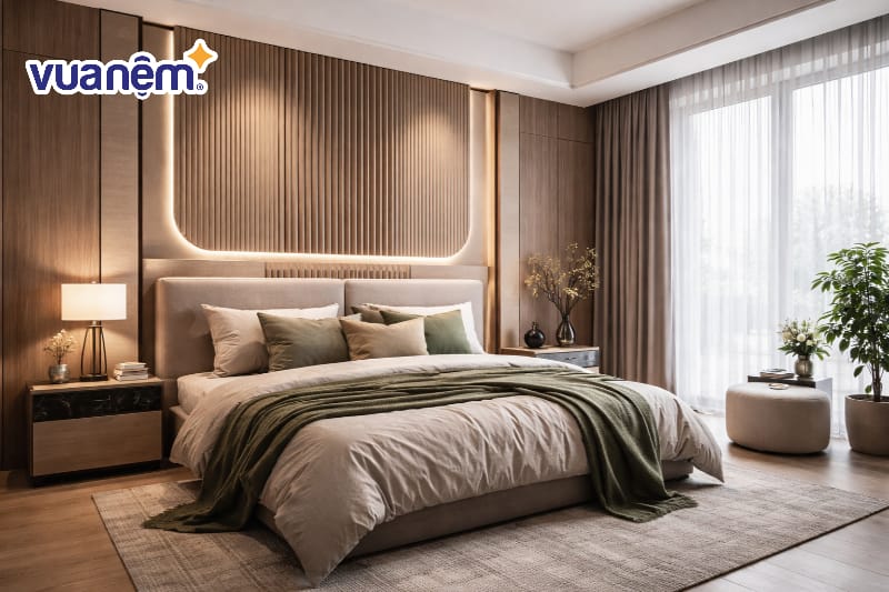 Trang trí vách đầu giường bằng gỗ hoặc tấm ốp PVC