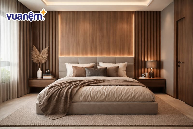 Trang trí vách đầu giường bằng gỗ hoặc tấm ốp PVC