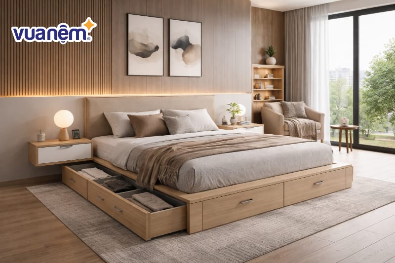 Bố trí giường ngủ dạng bục tích hợp ngăn kéo