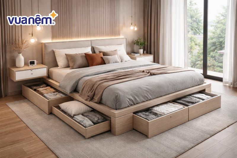 Bố trí giường ngủ dạng bục tích hợp ngăn kéo