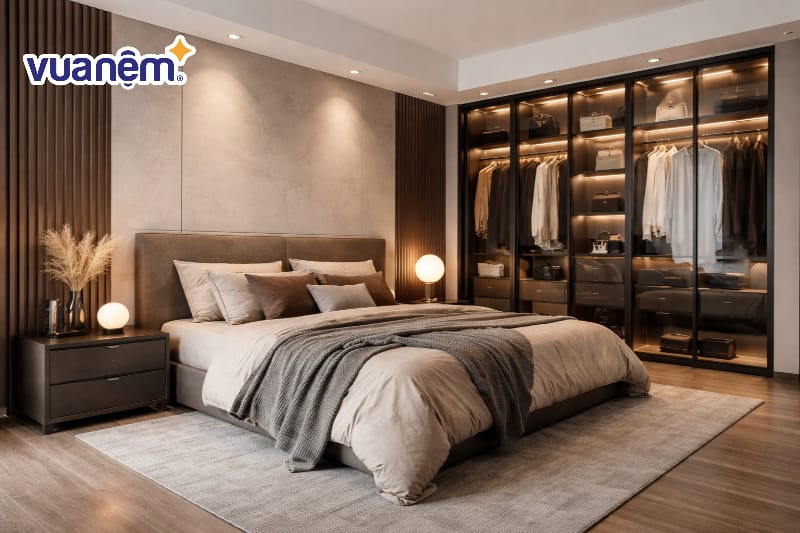 Thiết kế hệ thống tủ quần áo cửa kính khói sang trọng